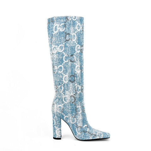 Knee Length Women&#39;s Boots Fashion Sequins Denim-BS00971-Veeddydropshipping