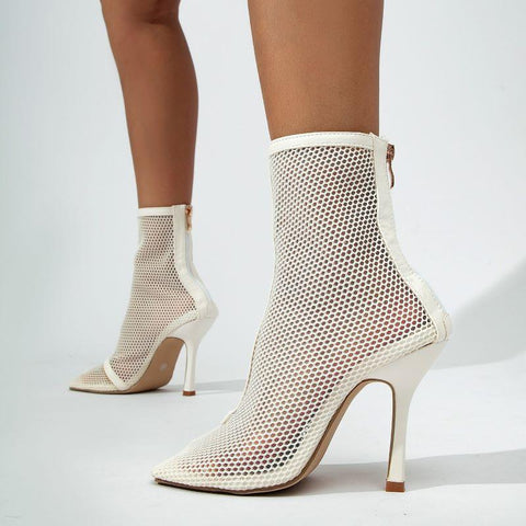 High Heel Boots Fashion Square Head Mesh Zipper-BS00903-Veeddydropshipping