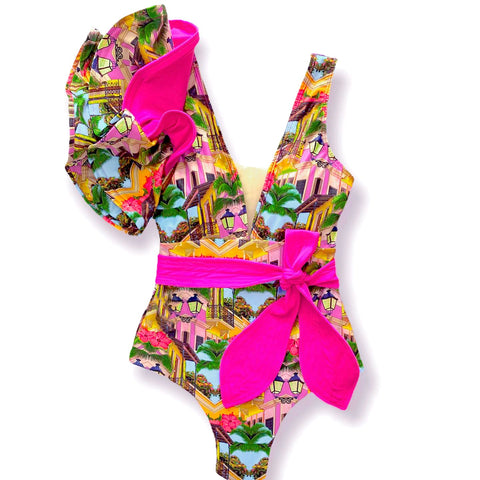 2022 New Print Swimwear Deep V-neck Ruffle Swimsuit Push Up One Piece Swimsuit-OS00066-Veeddydropshipping