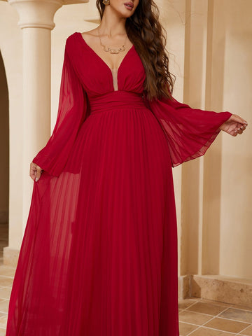 Sexy Deep V Neck Long Sleeve Celebrity Dress-WF01577-Veeddydropshipping
