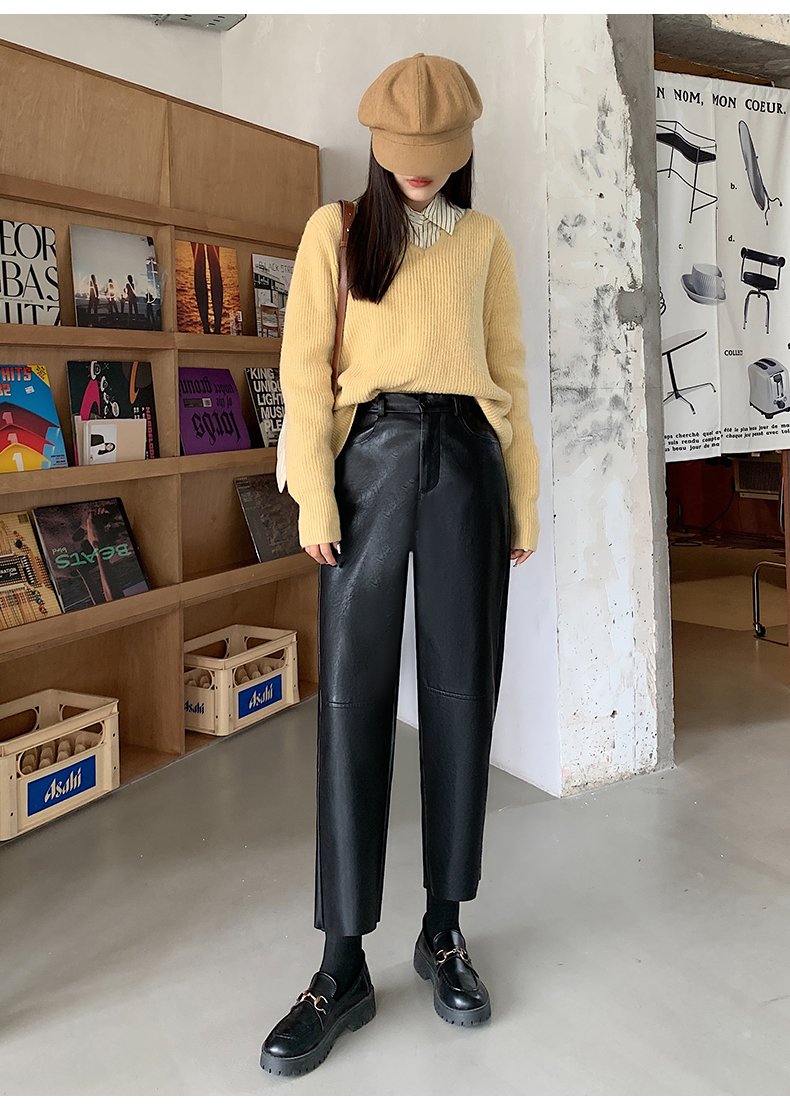 Black Leather Pants High Waist Straight Women Pants-WF00077-Veeddydropshipping