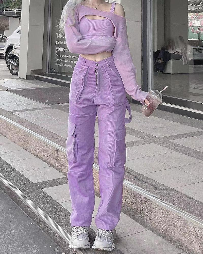 woman sport jeans wide leg mid-waist-WF00626-Veeddydropshipping