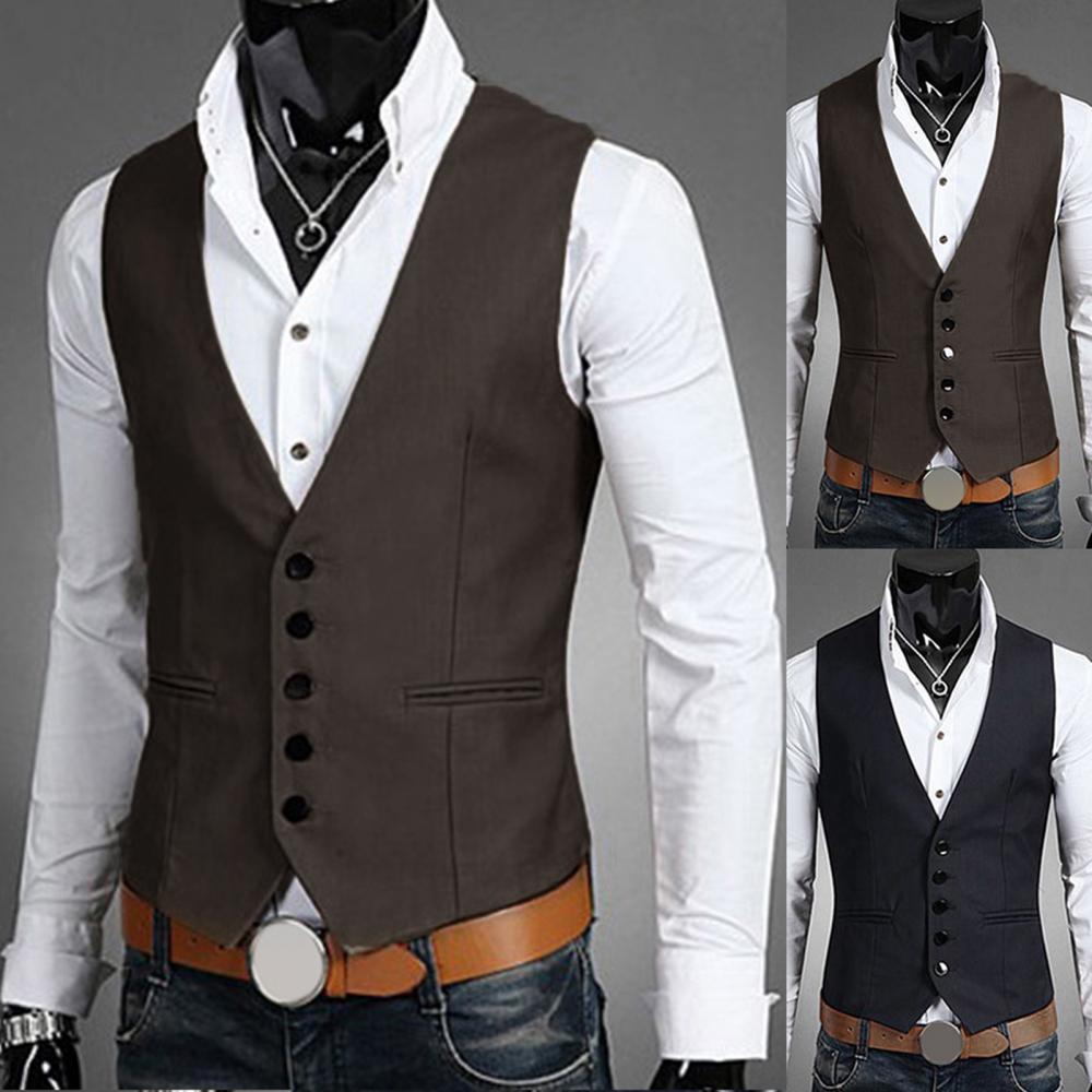 color V-neck button pocket sleeveless vest formal-MF01315-Veeddydropshipping