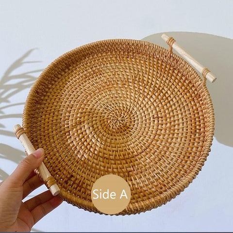 Round Rattan Storage Tray with Wooden Food Storage-HA00938-Veeddydropshipping