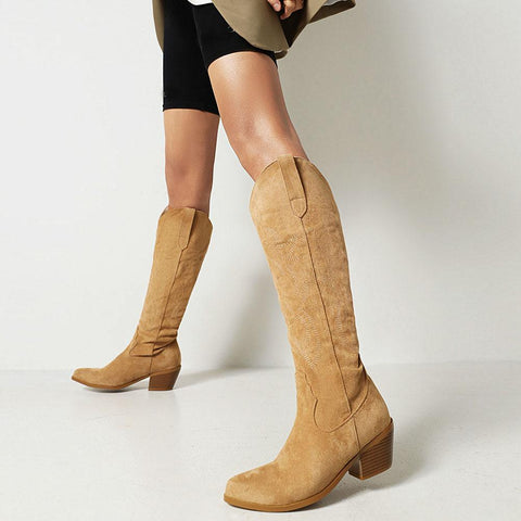Female Western mid calf Boots Chunky Heels Slip On Autumn Winter-BS00941-Veeddydropshipping