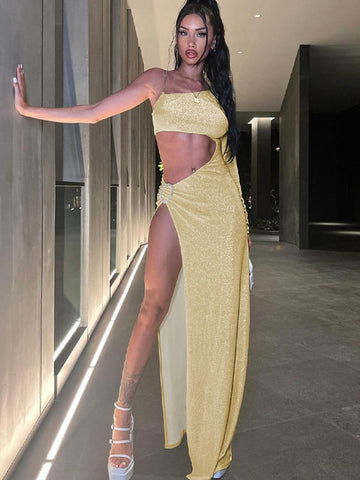 One Shoulder Sexy Dress Women Backless Hollow Out Long Dress-Veeddydropshipping