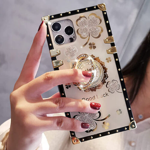 For iPhone 13 14 12 11 XS XR 7 8 Bling Glitter Lucky Flower Square Case + Ring-PA00171-Veeddydropshipping