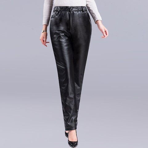 New Faux Leather Elastic Waist Cargo Pants-WF00354-Veeddydropshipping