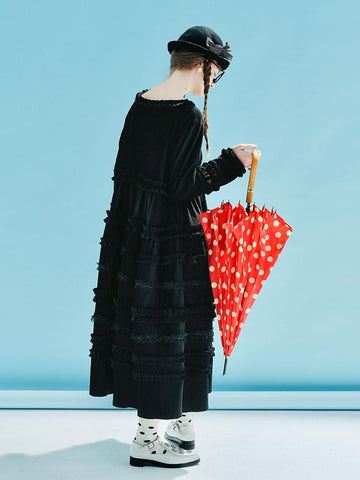 spring black velvet pressed lace neck long dress-WF00091-Veeddydropshipping