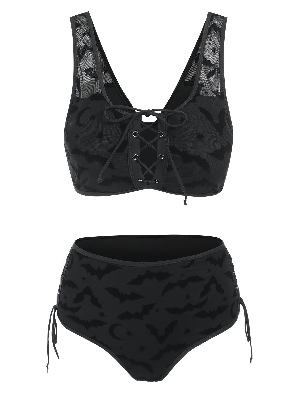 Bat Crescent Mesh Lace-Up Padded Bikini Set Women Fashion Summer Tankini Swimsuit -OS00075-Veeddydropshipping