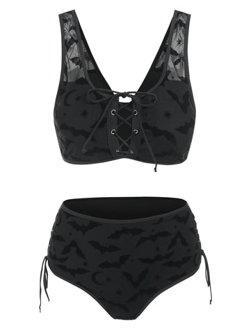 Bat Crescent Mesh Lace-Up Padded Bikini Set Women Fashion Summer Tankini Swimsuit -OS00075-Veeddydropshipping