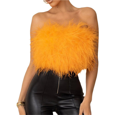 Women Solid Color Furry Feather Strapless T-Shirt Off Shoulder-WF00315-Veeddydropshipping
