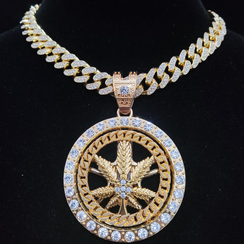 Men Hip hop Iced out Bling Rotatable Maple Leaf Pendant Necklace  -JW00270-Veeddydropshipping