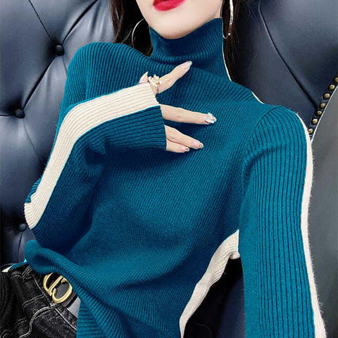Fashion Turtleneck Knitting Spliced All-match Sweater-WF00102-Veeddydropshipping