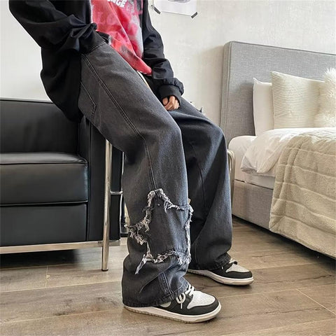Jeans Men Retro Washed Patch Loose Wide Leg Pants-MF00612-Veeddydropshipping