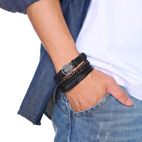 Set Braided Wrap Leather Bracelets Wood Beads Ethnic Tribal Wristbands -JW00254-Veeddydropshipping