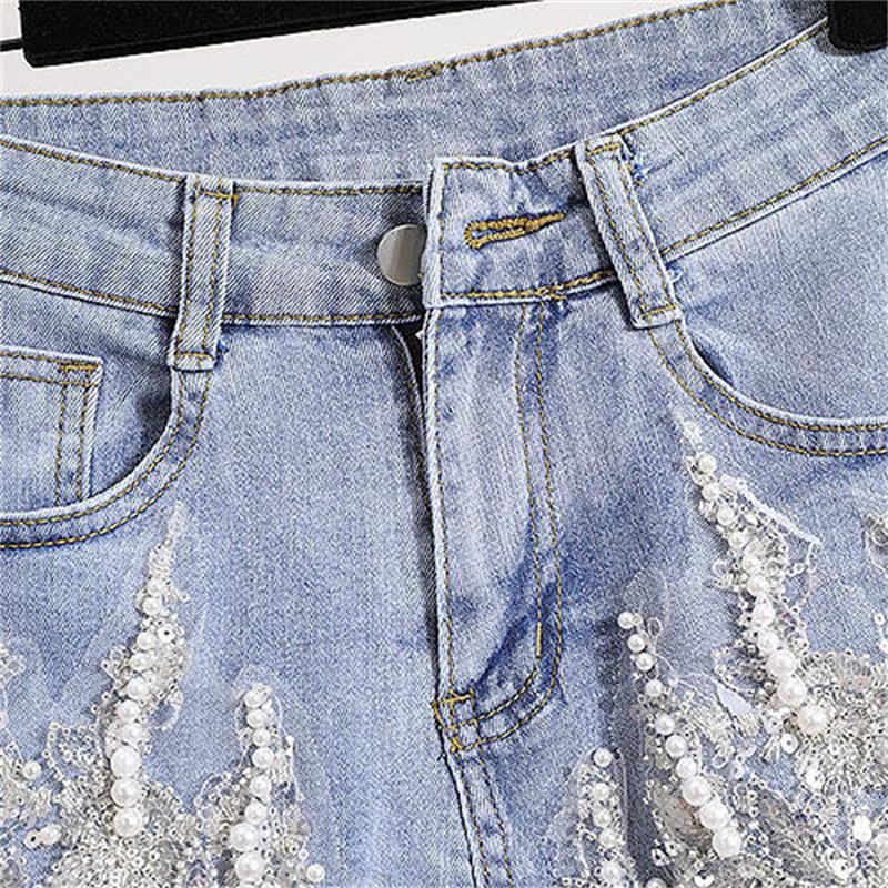 Rhinestones Lace Flower Ladies Denim Shorts-WF00439-Veeddydropshipping
