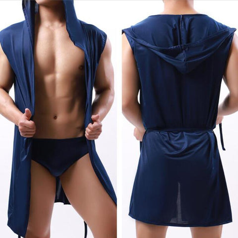 Sleeveless Oversized Silky Male Pajamas Hooded Bathrobe Ultra-thin Homewear-MF01599-Veeddydropshipping