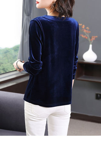 V-neck Velvet Tee Women Long Sleeve Oversized Loose T-Shirt-WF00270-Veeddydropshipping