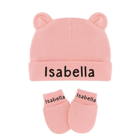 Custom Name Newborn Baby Cotton Beanies Hospital Hat and Mittens Set Solid Candy-TB00443-Veeddydropshipping