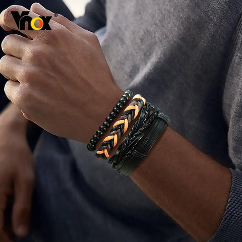 Set Braided Wrap Leather Bracelets Wood Beads Ethnic Tribal Wristbands -JW00254-Veeddydropshipping