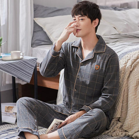For Men 2PCS Lounge Sleepwear Men Blue Plaid Pijama Hombre Home Clothes-MF01609-Veeddydropshipping