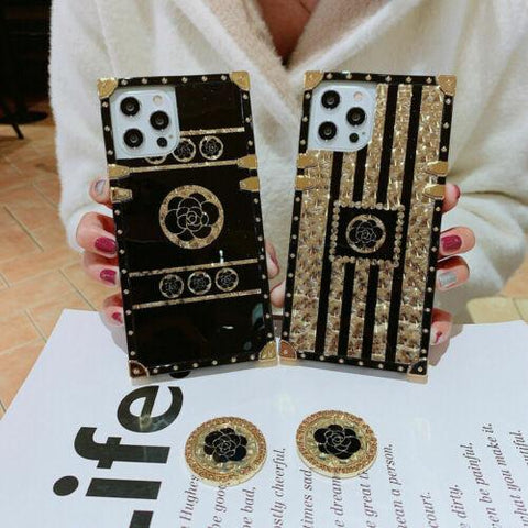 For iPhone 14 13 12 11 8 XS Glitter Bling Gold Flower Square Case Ring Kickstand-PA00170-Veeddydropshipping