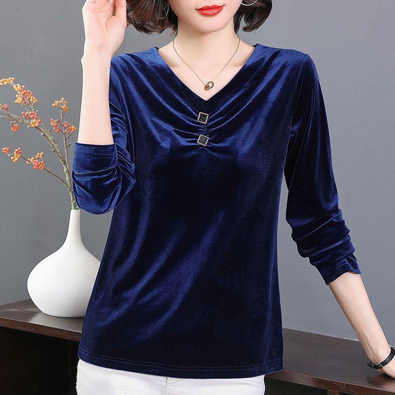 V-neck Velvet Tee Women Long Sleeve Oversized Loose T-Shirt-WF00270-Veeddydropshipping