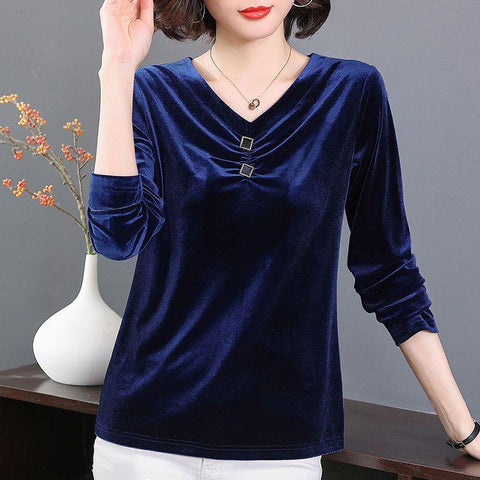 V-neck Velvet Tee Women Long Sleeve Oversized Loose T-Shirt-WF00270-Veeddydropshipping