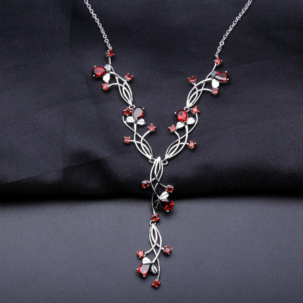 atural Red Garnet Bridal Necklace  925 Sterling Silver-JW00121-Veeddydropshipping