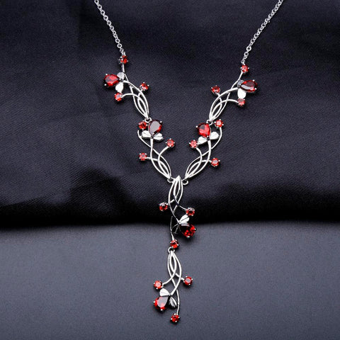 atural Red Garnet Bridal Necklace  925 Sterling Silver-JW00121-Veeddydropshipping
