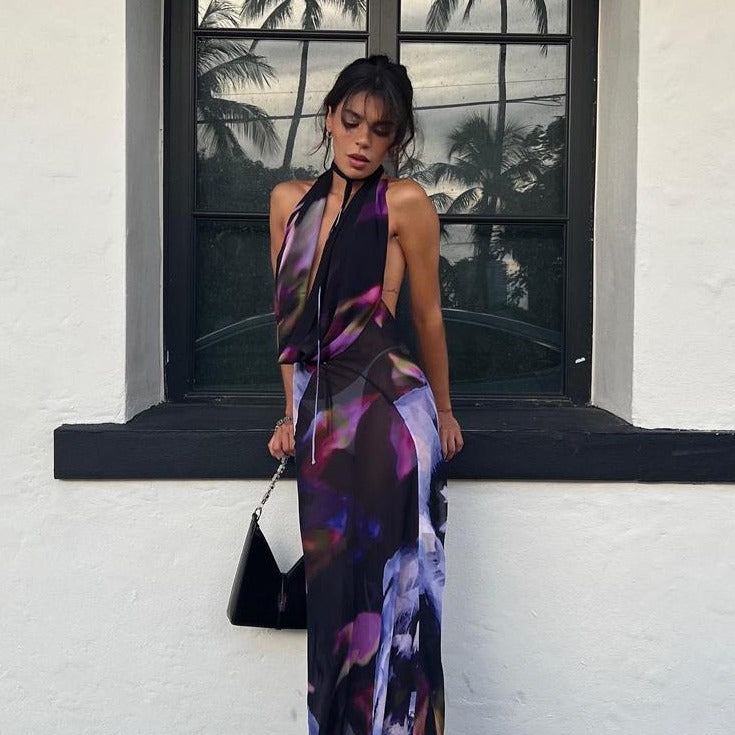 Backless Maxi Dress Women Sexy Purple Print-WF00009-Veeddydropshipping