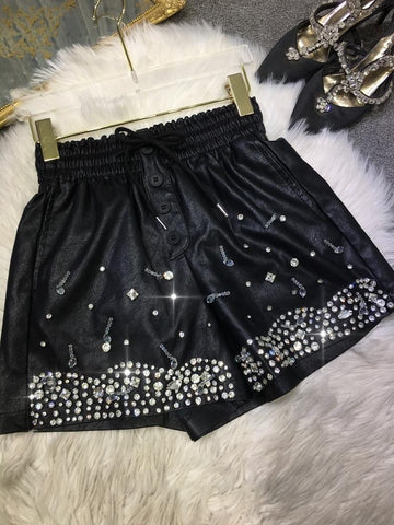 Fashion Diamond Leather Shorts Women Outer Wear-WF00487-Veeddydropshipping