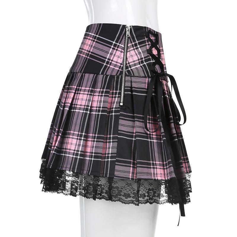 Sexy Lace-up Lace Plaid Pleated Skirt-Veeddydropshipping