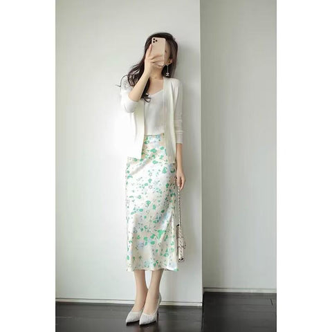 Women Print Satin Split Elegant Midi Skirt-WF00536-Veeddydropshipping