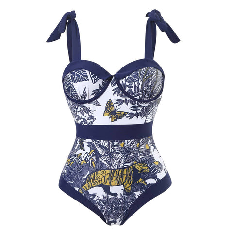 Blue And White Porcelain Tummy Control Underwire Swimsuit Push Up Women Swimwear -OS00139-Veeddydropshipping