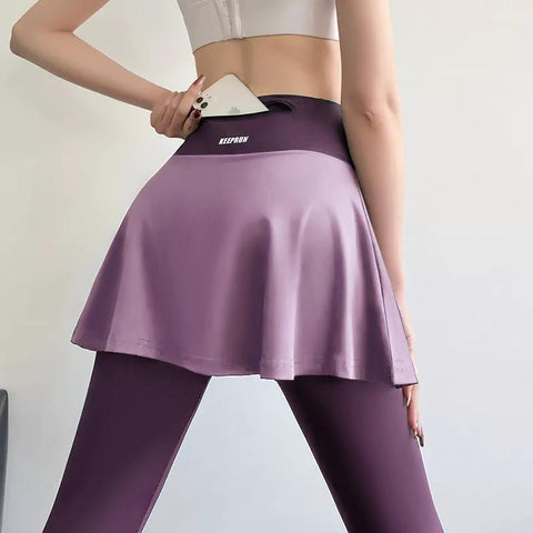 Yoga Leggings Women Gym Tights With Skirt High Waist Zipper Pockets Ruffles Skirt -OS00857-Veeddydropshipping