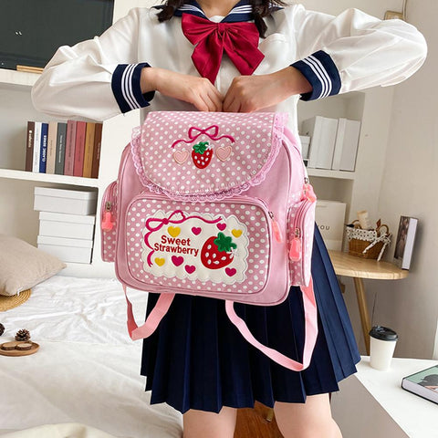 Cute Strawberry Embroidery Student Mochila Dots Multi-Pocket Nylon Fashion-BS00009-Veeddydropshipping