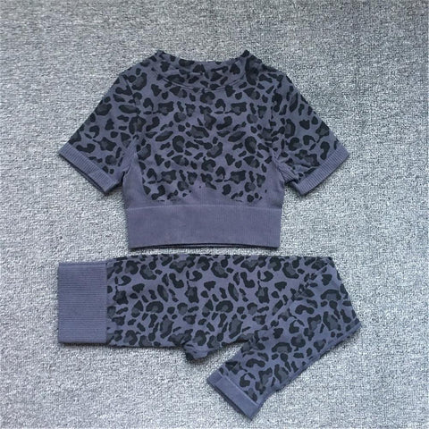 2023 Women Fashion Sexy Leopard Printed 2 PCS Yoga Set Gym Shockproof Sports -OS00703-Veeddydropshipping