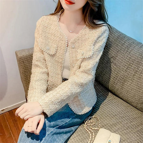 Pearls Vintage Cropped Tweed Jacket Women Korean Fashion-Veeddydropshipping