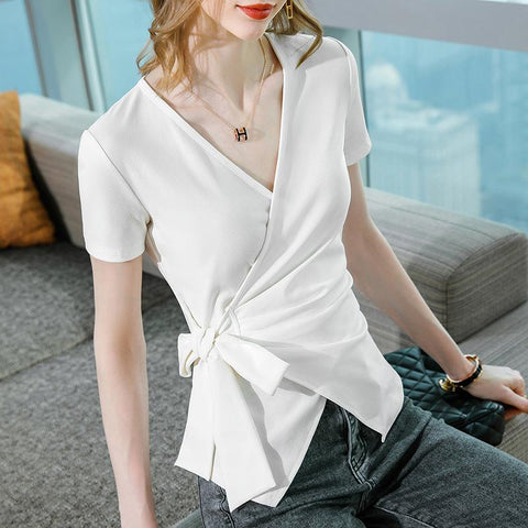 Short-sleeved T-shirt Women V-neck Stretch Bottoming Shirt-WF00313-Veeddydropshipping