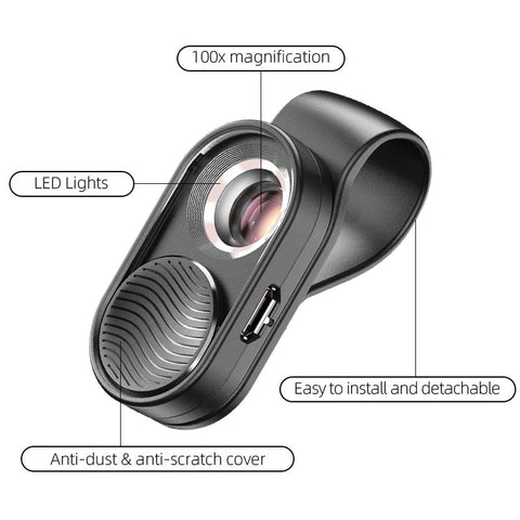 100X Mobile Phone Microscope Lens LED Light Pocket Mini Magnifying Glass Microscopes With-PA00656-Veeddydropshipping