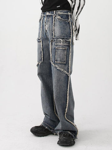Pants Vintage Wash Rough Edge Straight Tube Splicing Male-MF00443-Veeddydropshipping
