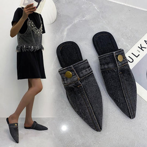 Womens Slippers Denim Round Toe Flat Shoes Female-BS01210-Veeddydropshipping