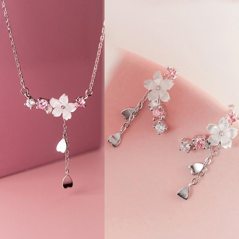 Pink Cherry Blossom Clavicle Chain Jewelry Set -JW00310-Veeddydropshipping
