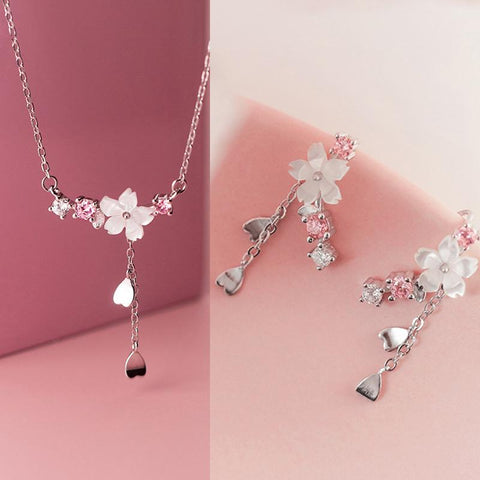 Pink Cherry Blossom Clavicle Chain Jewelry Set -JW00310-Veeddydropshipping