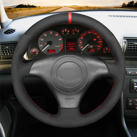 Black Suede Red Marker No-slip Car Steering Wheel Cover for-AM01370-Veeddydropshipping