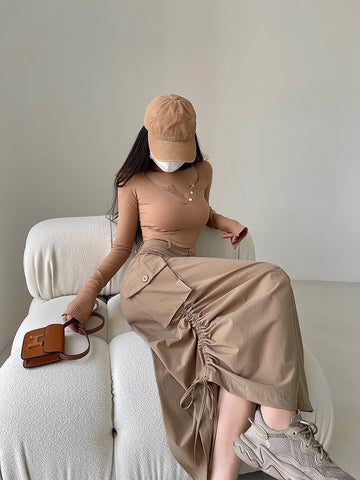 Women Loose Drawstring Split Versatile Recreational Skirt-WF00353-Veeddydropshipping