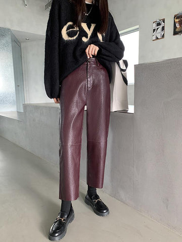 Black Leather Pants High Waist Straight Women Pants-WF00077-Veeddydropshipping