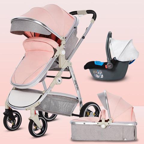 Baby Stroller 3 In 1,White PU leather stroller,Baby Carriage with Car Seat,High-TB00369-Veeddydropshipping